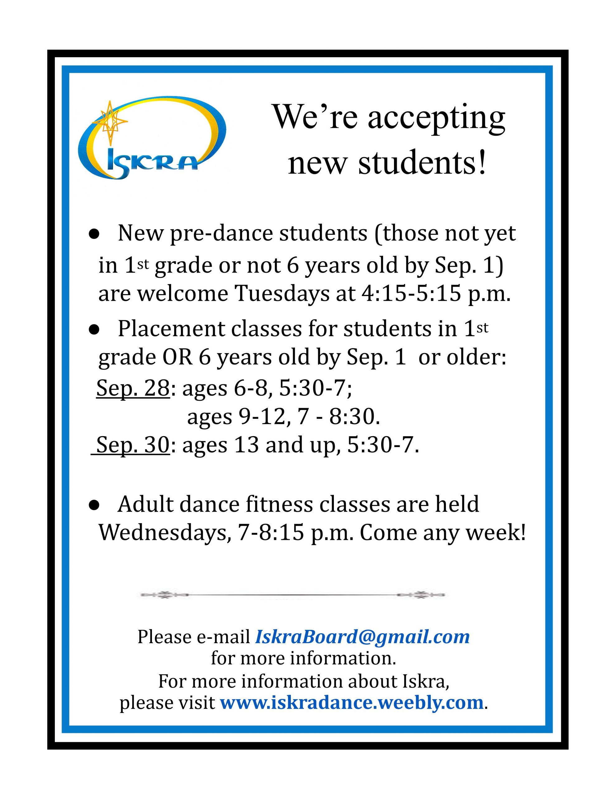 Iskra, We’re accepting new students!
