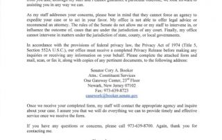 Senator Booker Letter to Constituent with Privacy Consent Form General Senator Booker Letter to Constituent with Privacy Consent Form General